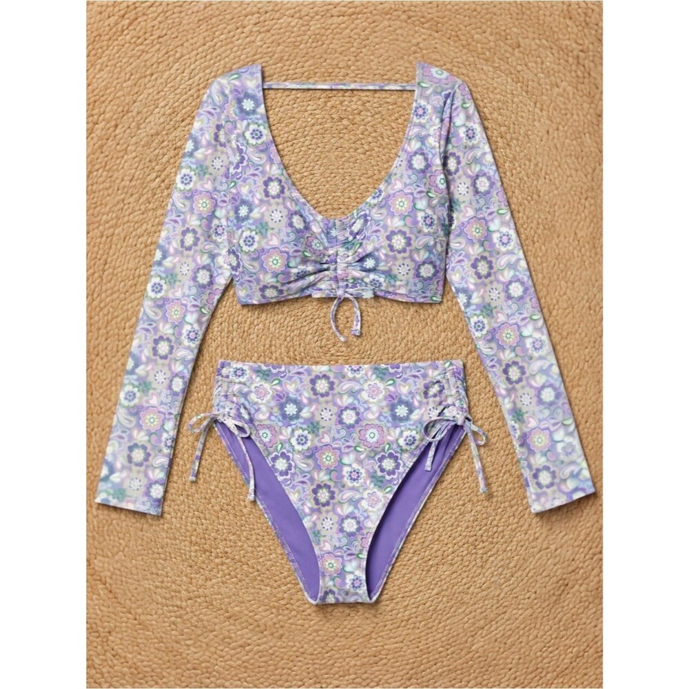 NWT Adore Me Floral Long Sleeve Bikini Set Rash Guard Swim Sz S/M Top S Bottom M